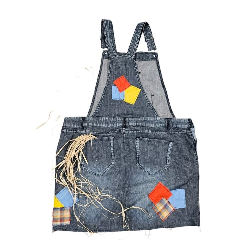 Womens Juniors XL Sexy Scarecrow Denim Dress Overalls Jumper Bibs Patches - Picture 3 of 11